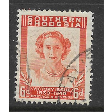 SOUTHERN RHODSIA 1947 VICTORY 6d ORANGE PRINCESS MARGARET SG 67 FINE USED#