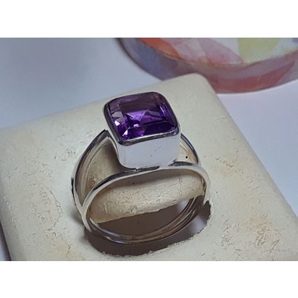 4ct Emerald Cut Amethyst 11X9mm Bezel Sterling Silver S-9 Split shank Ring#19496