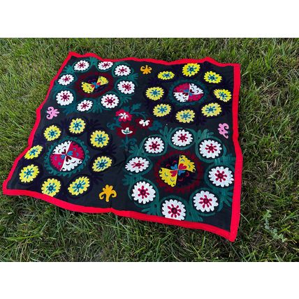 Vintage Uzbek hand embroidered black suzani 39.3 x 33 inch