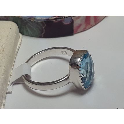 4.0ct 11X9mm Emerald Cut Blue Topaz Sterling Silver crown top Bezel Ring #20046