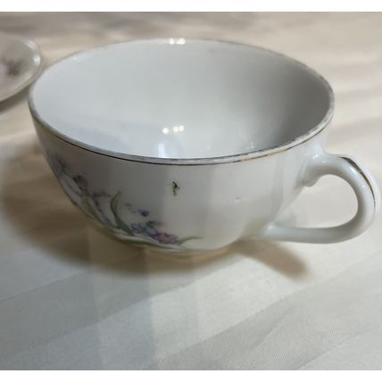 VTG Bone China Japan Tea Cup & Saucer Floral Scene Purple/Blue/White/Gold Trim