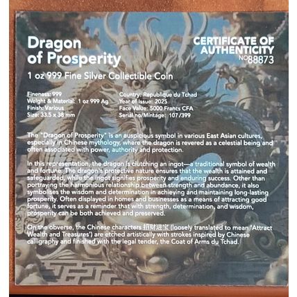 1 Oz Silver Collectible 2025 Dragon of Prosperity Mintage Of 399