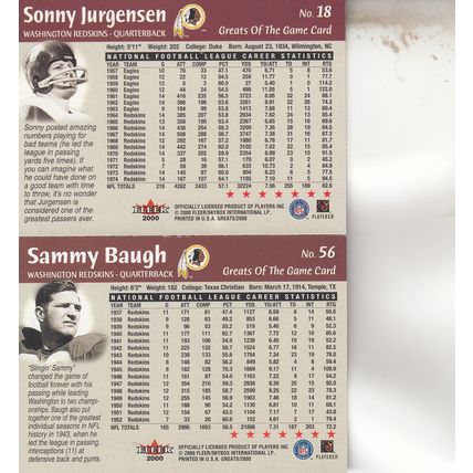 SONNY JURGENSEN & SAMMY BAUGH AUTO 2000 WASHINGTON REDSKINS HOF WORLD CHAMPIONS