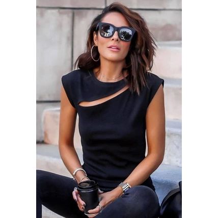 Black Slash Cutout Cap Sleeve T Shirt