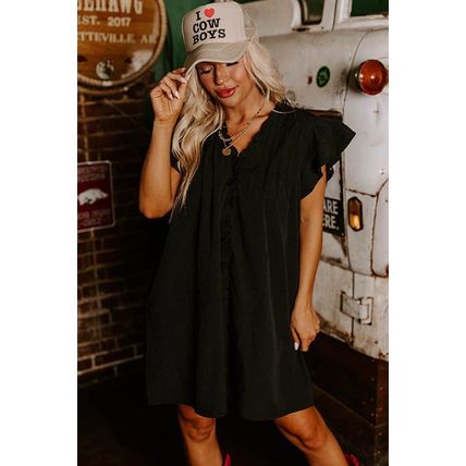 Black Ruffle Sleeve V Neck Frilled Shift Dress