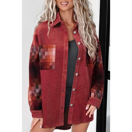 Gold Flame Checker Patchwork Raw Edge Oversized Corduroy Jacket
