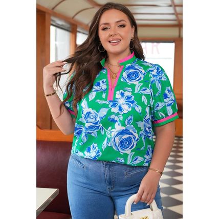 Green Floral Print Short Puff Sleeve Plus Size Top