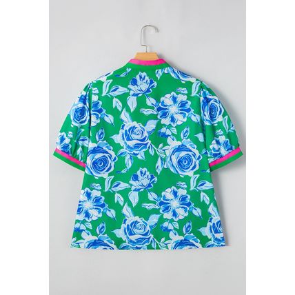 Green Floral Print Short Puff Sleeve Plus Size Top