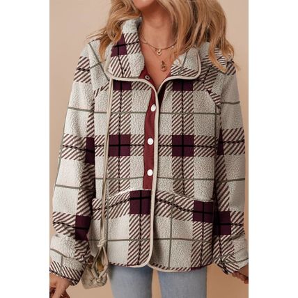 Multicolour Plaid Print Buttoned Stand Collar Fleece Jacket