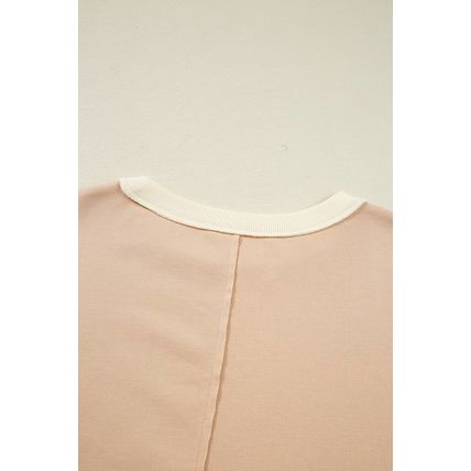 Light French Beige Color Block Textured Patchwork Pullover Sweatshirt
