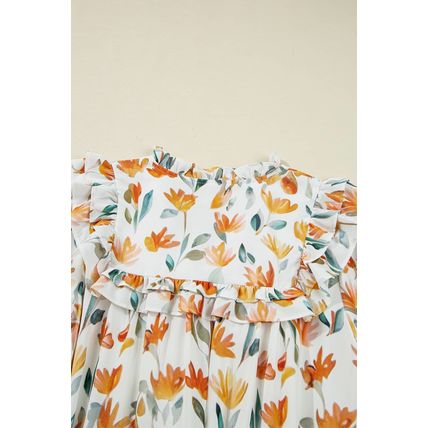 Yellow Floral Print Tie Neck Frilled Detail Long Sleeve Mini Dress