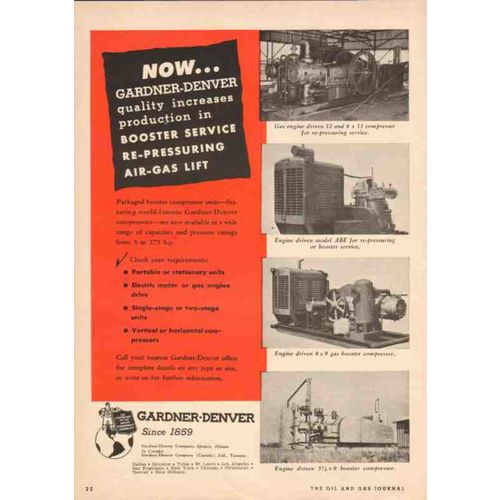 gardner-denver company 1950 air-gas lift compressor units vintage ad