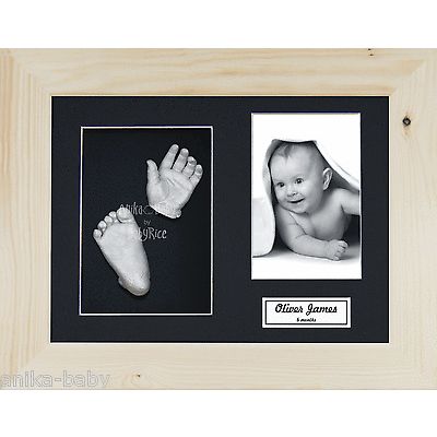 New Unisex Baby Casting Kit Gift Silver Hand & Feet Natural Pine 3D Box Frame