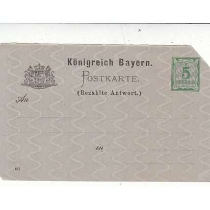 Bayern 5pfg Postal Stationary Postcard unused corner missing