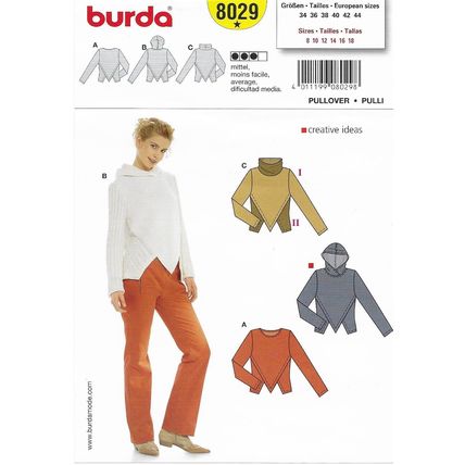 Burda 8029 Sewing Pattern Misses Pullover W&W/O Hood Size 8 10 12 14 16 18 Uncut