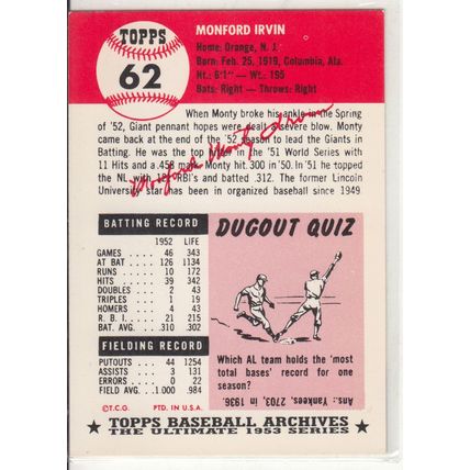 1991 Topps Archives Ultimate 1953 Series Monte Irvin #62