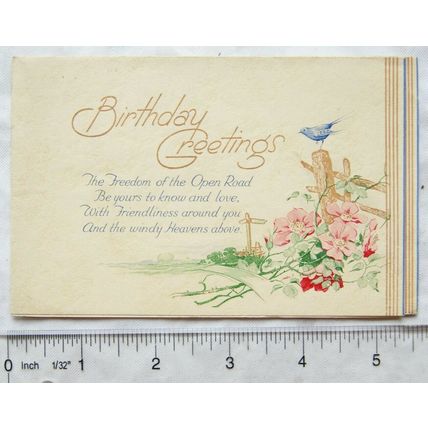 1937 Birthday card - bird & flowers