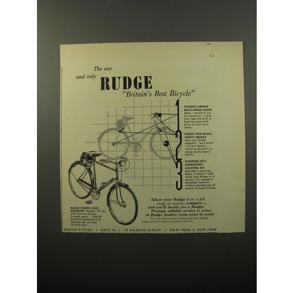 1950 Rudge Sports Light Roadster Bicycle Advertisement - The one and only Rudge