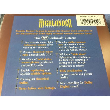 HIGHLANDER - 10th Anniversary Director's Cut (1997 REGION 1 DVD of 1986 film)