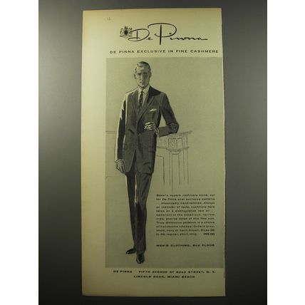 1955 De Pinna Baker's Suit Ad - De Pinna exclusive in fine cashmere