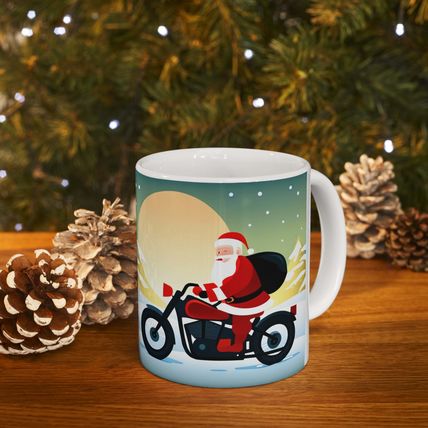 Moonlight Motorcycling Santa 11 oz Ceramic Mug Package Delivery Wrap-a-round #3