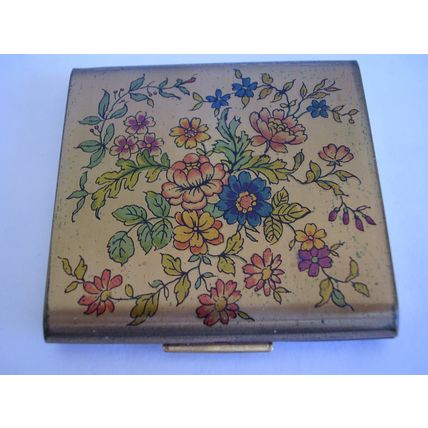 Art Deco Zenette Square Floral Spray Gold-tone Vintage Loose Powder Compact