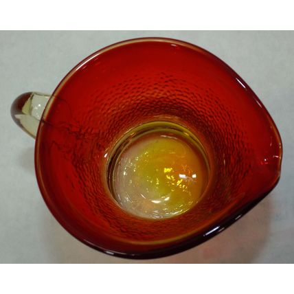 Vintage Hand Blown Crackle Glass Amberina Mini Pitcher Creamer Applied Handle 3"