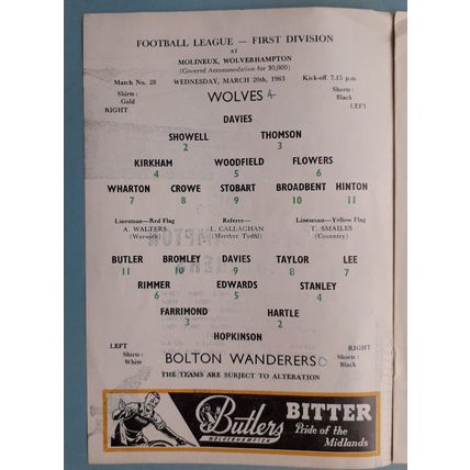 Wolverhampton Wanderers v Bolton 1962 - 1963 football programme