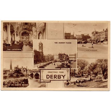PRINTED MULTI-VIEW POSTCARD OF DERBY POSTED 1955 (4250)
