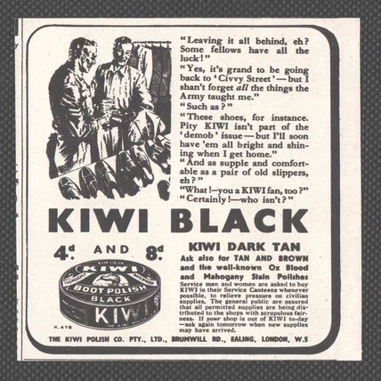 KIWI BOOT POLISH :- Post War Original WWII Vintage 1946 Magazine Advert