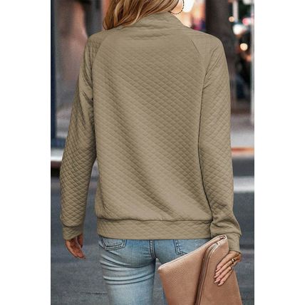 Apricot Quilted Buttoned Neckline Stand Neck Pullover Sweatshirt