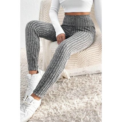 Gray Wide Waistband Ribbed Textured Knit Leggings