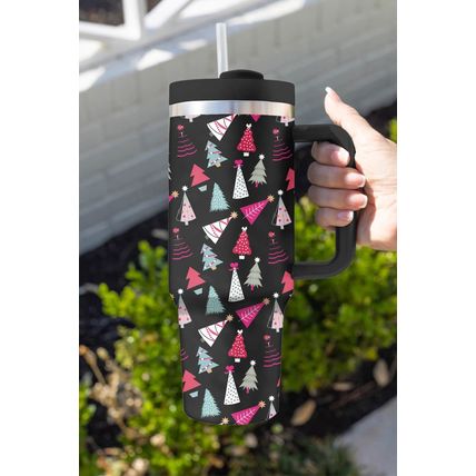 Black Cartoon Christmas Tree Printed Thermos Cup