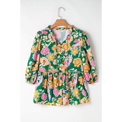 Green Floral Puff Sleeve V Neck Peplum Blouse