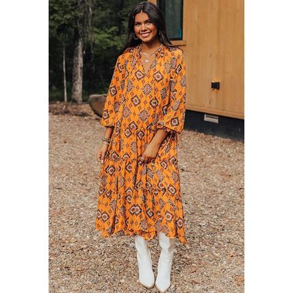 Orange Western Geometric Print Tiered Frilled Loose Fit Midi Dress