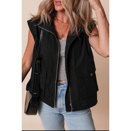 Black Flap Pockets Zip Up High Neck Vest