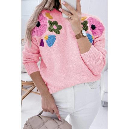 Pink Knitted Flower Pattern Ribbed Edge Sweater