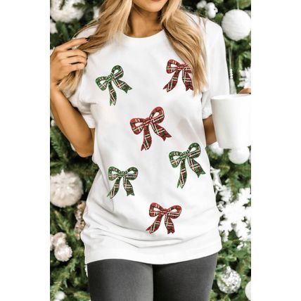 White Christmas Bowknot Graphic Cotton Blend T Shirt