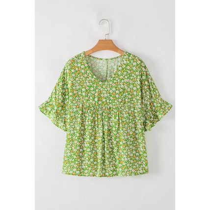 Green Floral Print Ruffle Sleeve V Neck Blouse Top