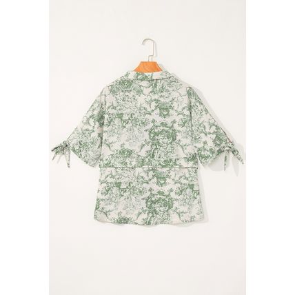 Green Landscape Print Tied 3/4 Sleeve Shirt with Sash