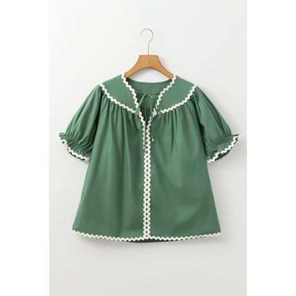 Mist Green Ric Rac Trim Tie Split Neck Short Sleeve Blouse