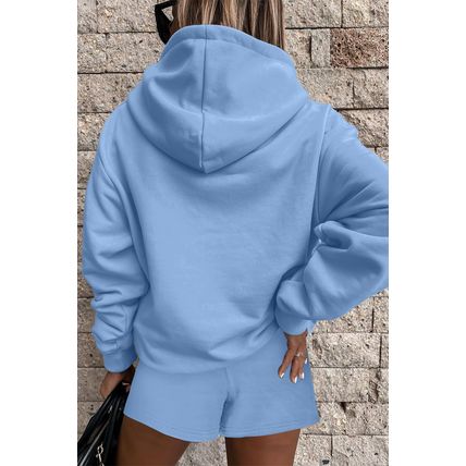 Light Blue Button Drawstring Hooded Pullover and Casual Short Set