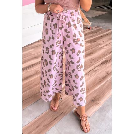 Pink Drawstring Leopard Print Patch Pocket Loose Pants