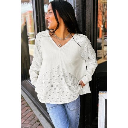 White Twisted Rib Patchwork Embroidered Loose V Neck Long Sleeve Top