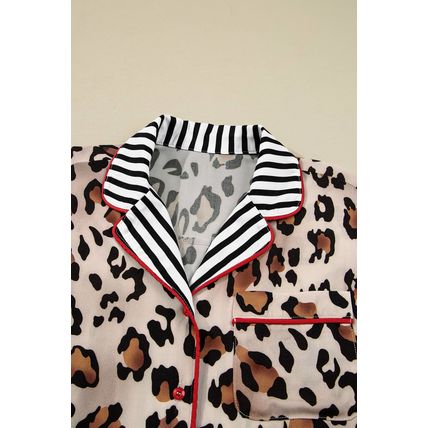 Khaki Leopard Print Colorblock Striped Edge Shirt and Pants Pajama Set