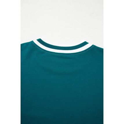 Blackish Green Contrast Striped Patchwork Round Neck Drop Shoulder Sweatshirt