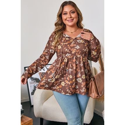 Khaki Floral Textured Tied Neck Long Sleeve Plus Size Babydoll Blouse