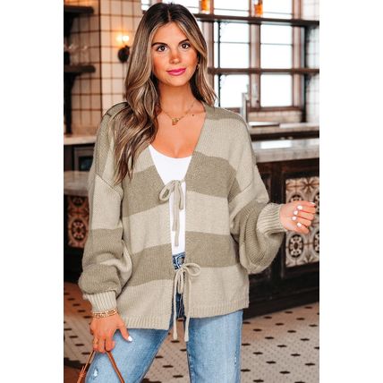 Khaki Striped Color Block Brushed Knit Bow Tie Front Sweater Cardigan