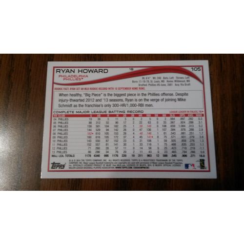 2014 Topps Card # 105 Ryan Howard Mint (9) Philadelphia Phillies