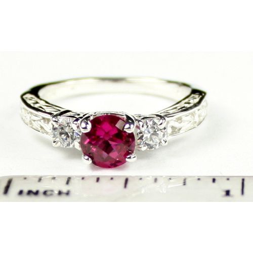Created Ruby w/ Two 4mm CZ Accents, 925 Sterling Silver Engagement Ring, SR254